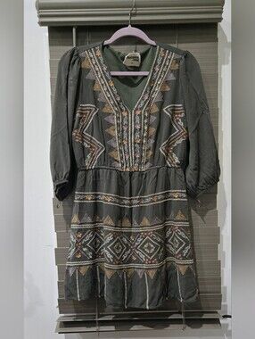 Savanna Jane Embroidered Olive Green Midi Dress with Multicolor Accents